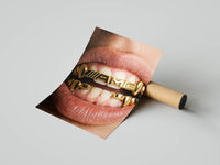 AMG Grillz Gold Grill Hypebeast poster being unrolled on a concrete floor