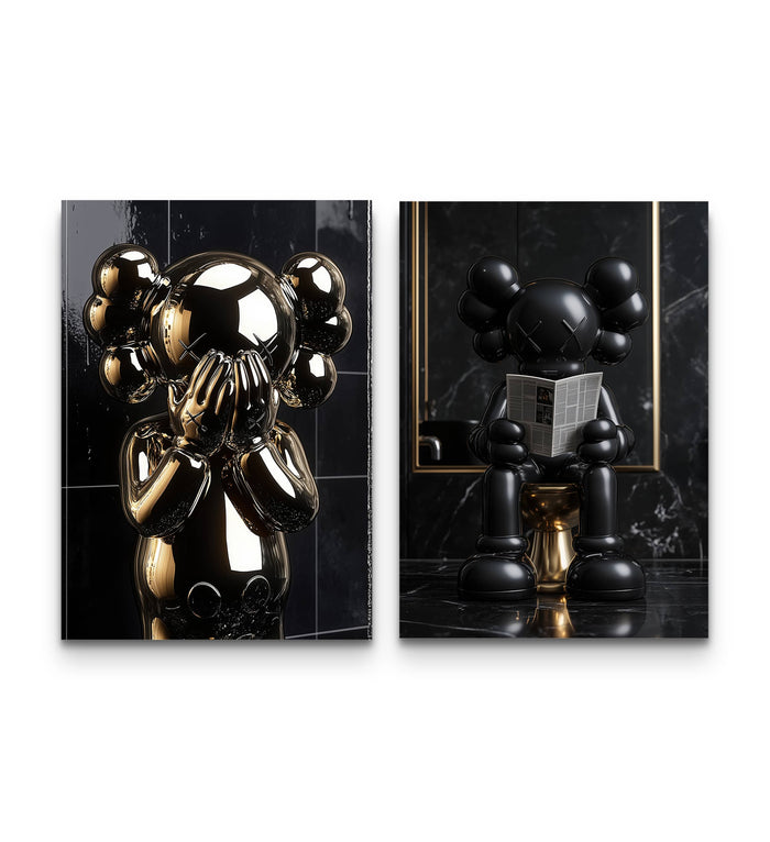 Gold and black KAWS washroom diptych with chrome companion covering its face beside a figure reading on a gold toilet
