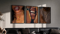 Gold Grillz and Chains Set of 3 in black frames on a grey wall above a leather sofa