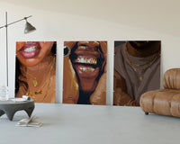Gold Grillz and Chains Set of 3 displayed beside a brown leather sofa