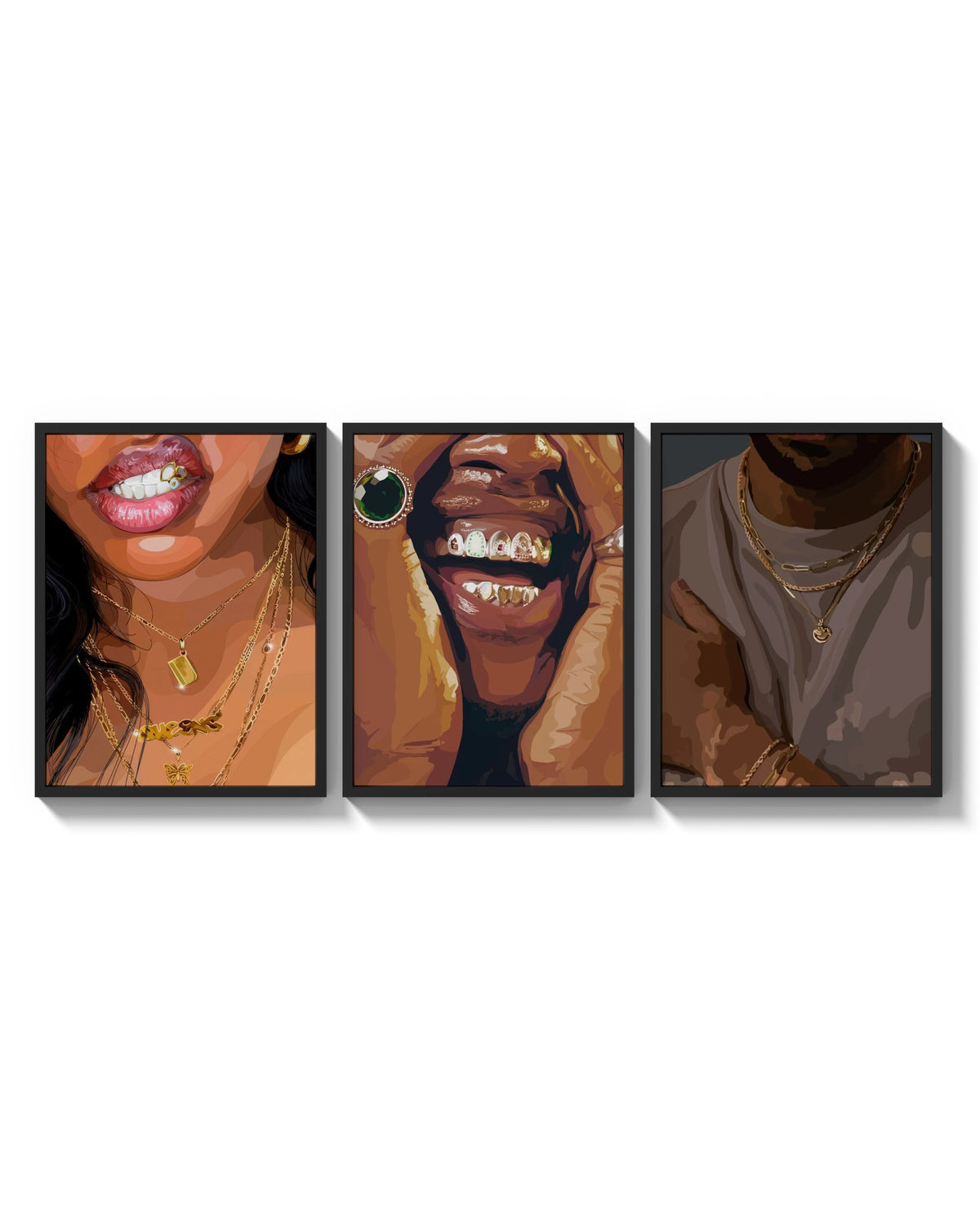 Gold Grillz and Chains Set of 3 arranged on a bright gallery wall