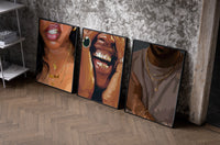 Gold Grillz and Chains Set of 3 as black-framed prints leaning against a raw-plaster wall