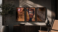 Gold Grillz and Chains Set of 3 in walnut frames above a sideboard in a warm room