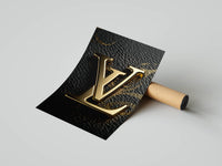 Polished gold LV letters set on black leather texture displayed as a rolled poster print