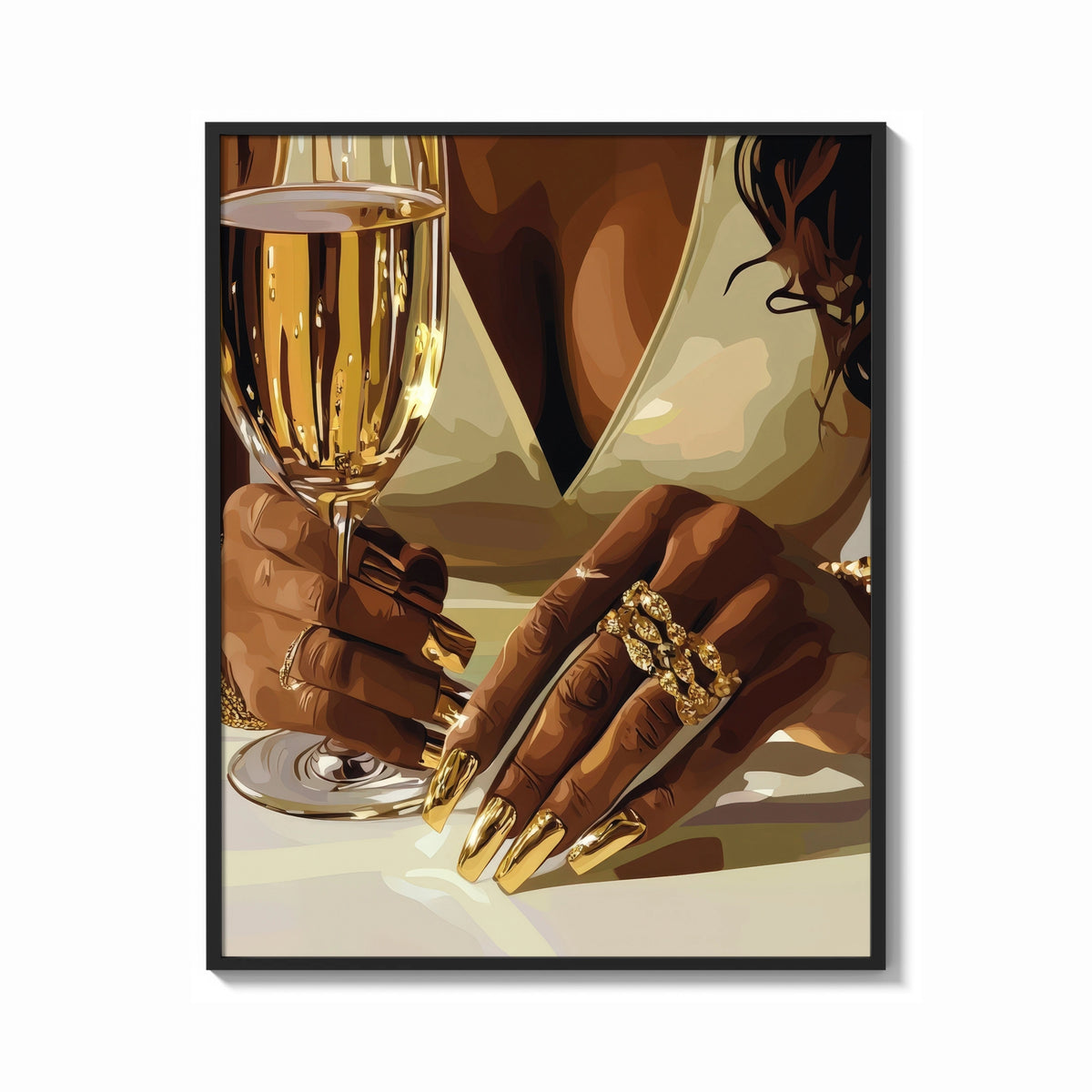 Framed Gold Nails and a Stemmed Glass print shown as a bold statement piece on a clean gallery wall