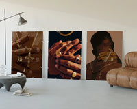 Gold Rings and Chains Set of 3 displayed beside a brown leather sofa