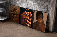 Gold Rings and Chains Set of 3 as black-framed prints leaning against a raw-plaster wall
