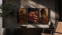 Gold Rings and Chains Set of 3 in walnut frames above a sideboard in a warm room