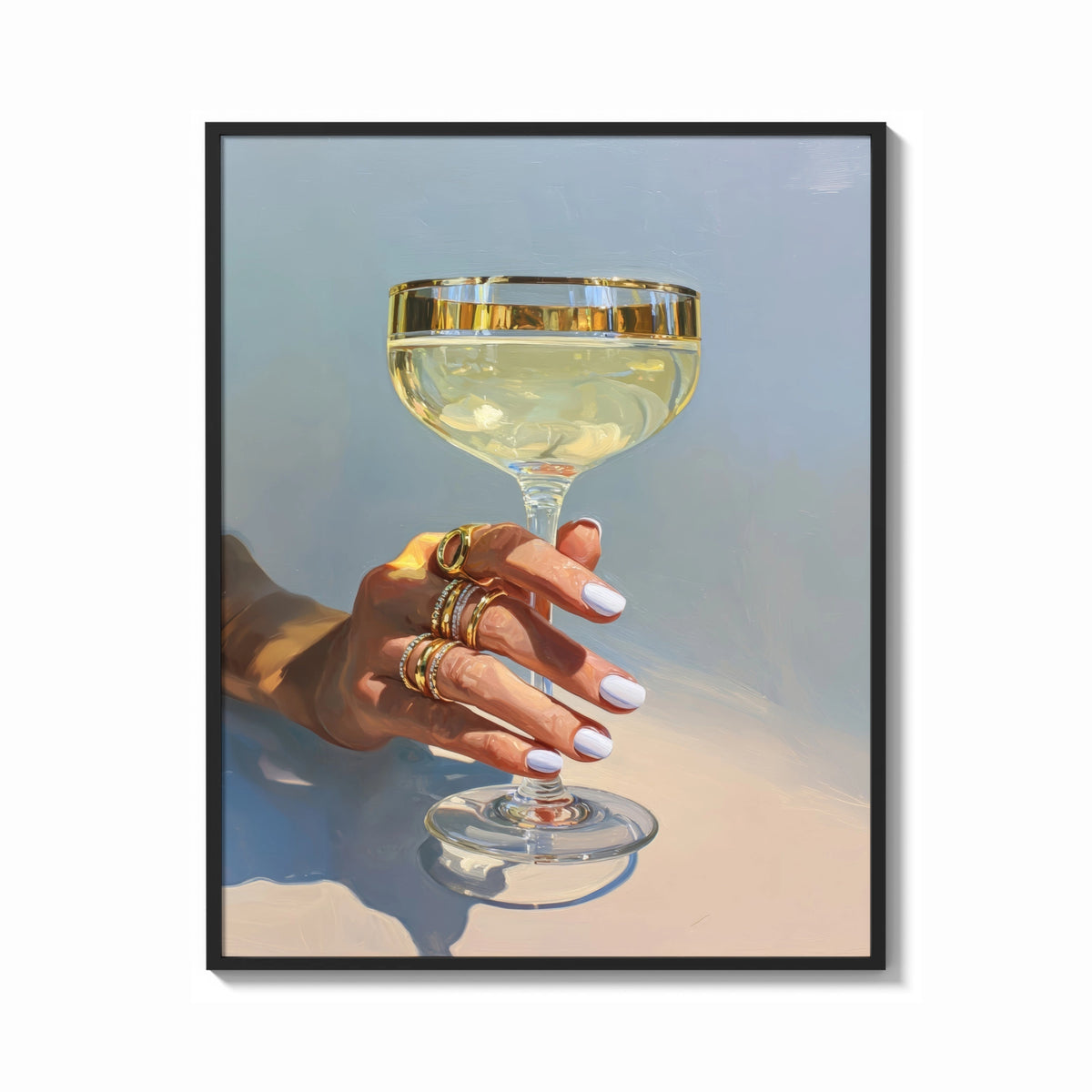 Framed Champagne Coupe print shown as a bold statement piece on a clean gallery wall