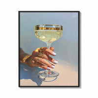 Framed Champagne Coupe print shown as a bold statement piece on a clean gallery wall