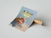 Gently curled Champagne Coupe print beside its protective shipping tube