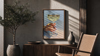 Champagne Coupe poster framed above a fluted sideboard beside a potted tree