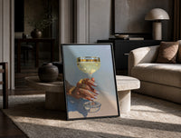 Champagne Coupe print on the floor, leaning against a travertine table