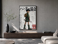 Anime boy with backpack and fishing rod poster framed above a wood console in a concrete-wall living room