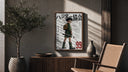 Anime boy with backpack and fishing rod poster framed above a fluted sideboard beside an olive tree