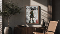 Anime boy with backpack and fishing rod poster framed above a fluted sideboard beside an olive tree