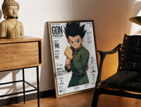 Brass-framed anime boy in fighting stance print leaning in a warm styled corner by a sculpture