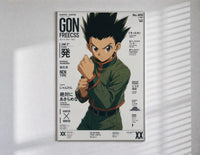 anime boy in fighting stance poster in a slim frame on a bright wall with soft window light