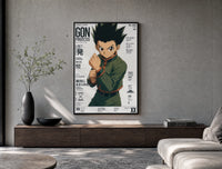 anime boy in fighting stance poster framed above a wood console in a concrete-wall living room