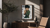 anime boy in fighting stance poster framed above a fluted sideboard beside an olive tree