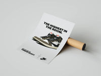 GOT EM confirmation screen poster beside a Travis Scott Jordan 1 Mocha print and a shipping tube