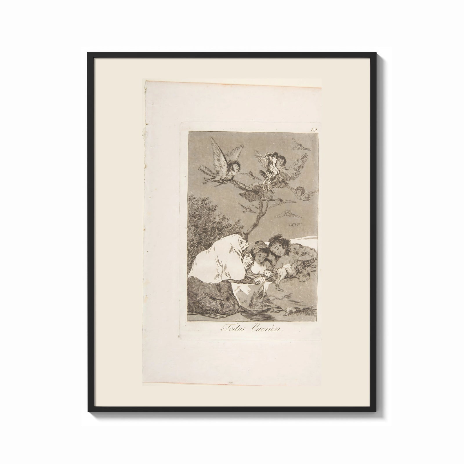 Framed Winged figures and bird-people above sleeping women print shown as a bold statement piece on a clean gallery wall