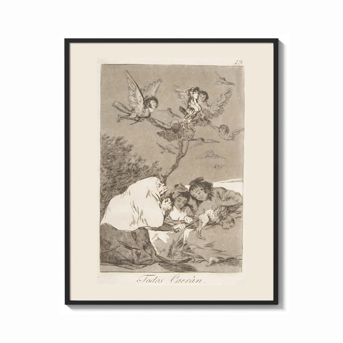Framed Goya Todos Caeran bird-men etching print shown as a bold statement piece on a clean gallery wall