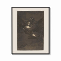 Framed Nightmarish figures with grotesque faces print shown as a bold statement piece on a clean gallery wall