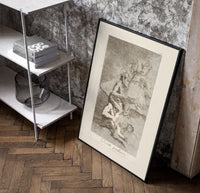 grotesque devils and figures with book poster in a black frame leaning beside a shelf in a raw-plaster loft