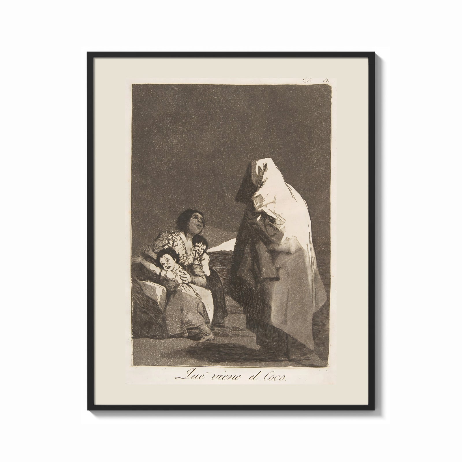 Framed Mother with children fearing hooded figure print shown as a bold statement piece on a clean gallery wall