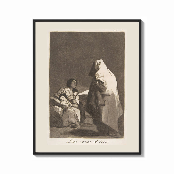 Framed Mother with children fearing hooded figure print shown as a bold statement piece on a clean gallery wall