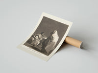 Rolled Mother with children fearing hooded figure poster beside its crush-resistant kraft shipping tube