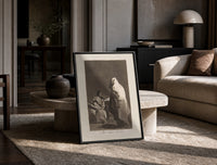 Mother with children fearing hooded figure print in a black frame leaning on a travertine table in a sunlit lounge