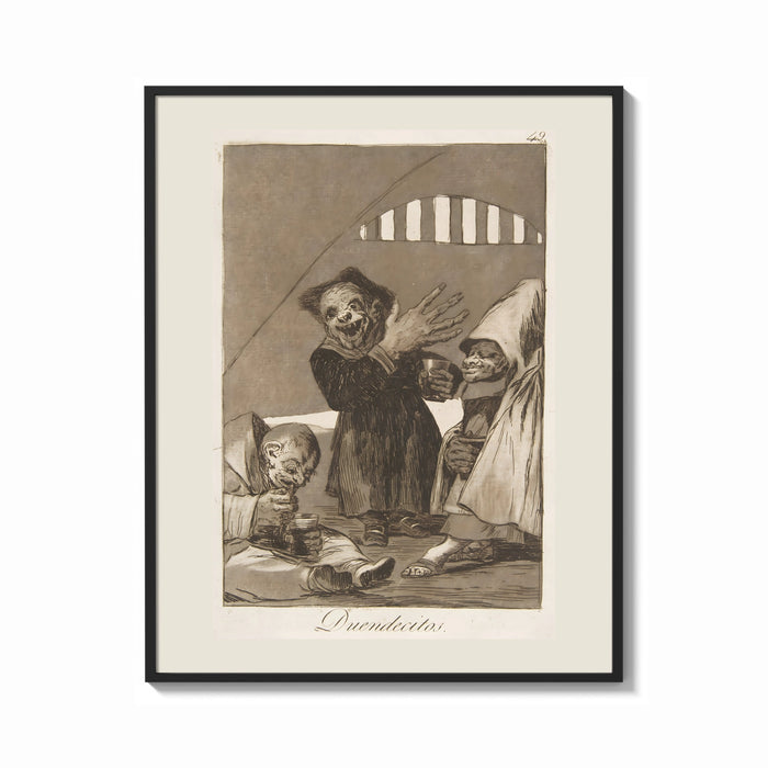 Framed grotesque goblins drinking together print shown as a bold statement piece on a clean gallery wall