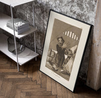 grotesque goblins drinking together poster in a black frame leaning beside a shelf in a raw-plaster loft
