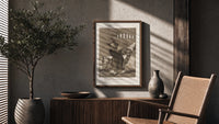 grotesque goblins drinking together poster framed above a fluted sideboard beside an olive tree