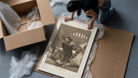 grotesque goblins drinking together framed print being unpacked from protective bubble wrap and a box