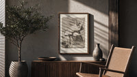 Grotesque figures screaming with raised arms poster framed above a fluted sideboard beside an olive tree