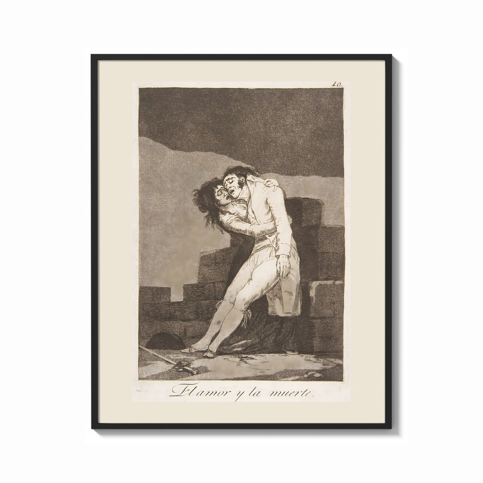 Framed man embracing dying woman print shown as a bold statement piece on a clean gallery wall