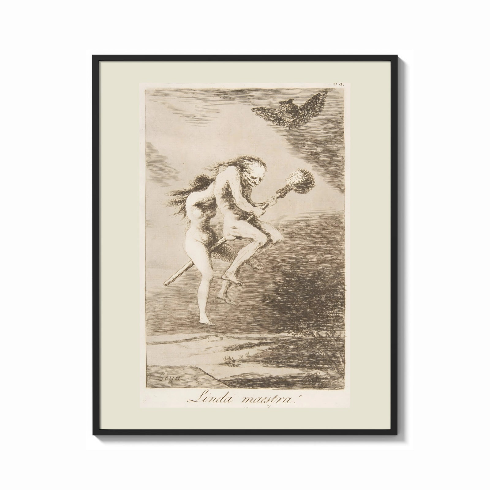 Framed Two witches flying on a broom print shown as a bold statement piece on a clean gallery wall