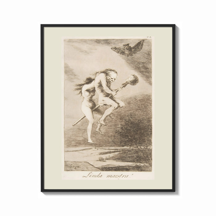 Framed Two witches flying on a broom print shown as a bold statement piece on a clean gallery wall