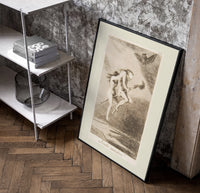 Two witches flying on a broom poster in a black frame leaning beside a shelf in a raw-plaster loft