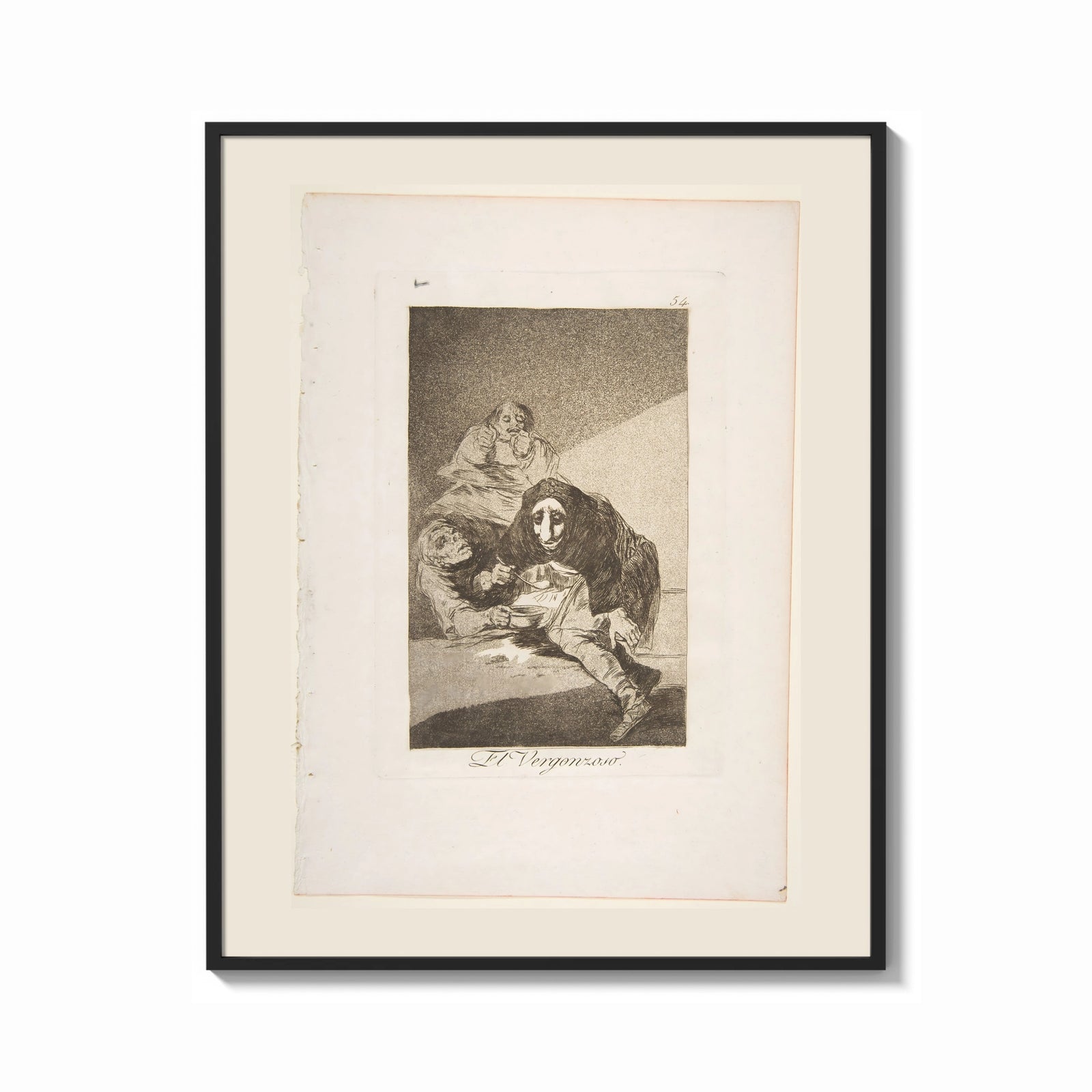 Framed Man with grotesque mask figures print shown as a bold statement piece on a clean gallery wall