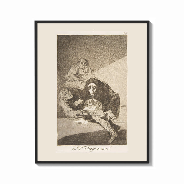 Framed Man with grotesque mask figures print shown as a bold statement piece on a clean gallery wall