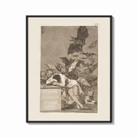 Framed Sleeping man surrounded by owls and bats print shown as a bold statement piece on a clean gallery wall