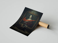 Renaissance Goya Swoosh poster in a dark palette partially unrolled from a cardboard shipping tube
