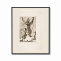 Framed Kneeling woman praying before robed figure print shown as a bold statement piece on a clean gallery wall