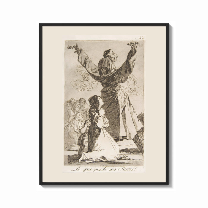 Framed Kneeling woman praying before robed figure print shown as a bold statement piece on a clean gallery wall
