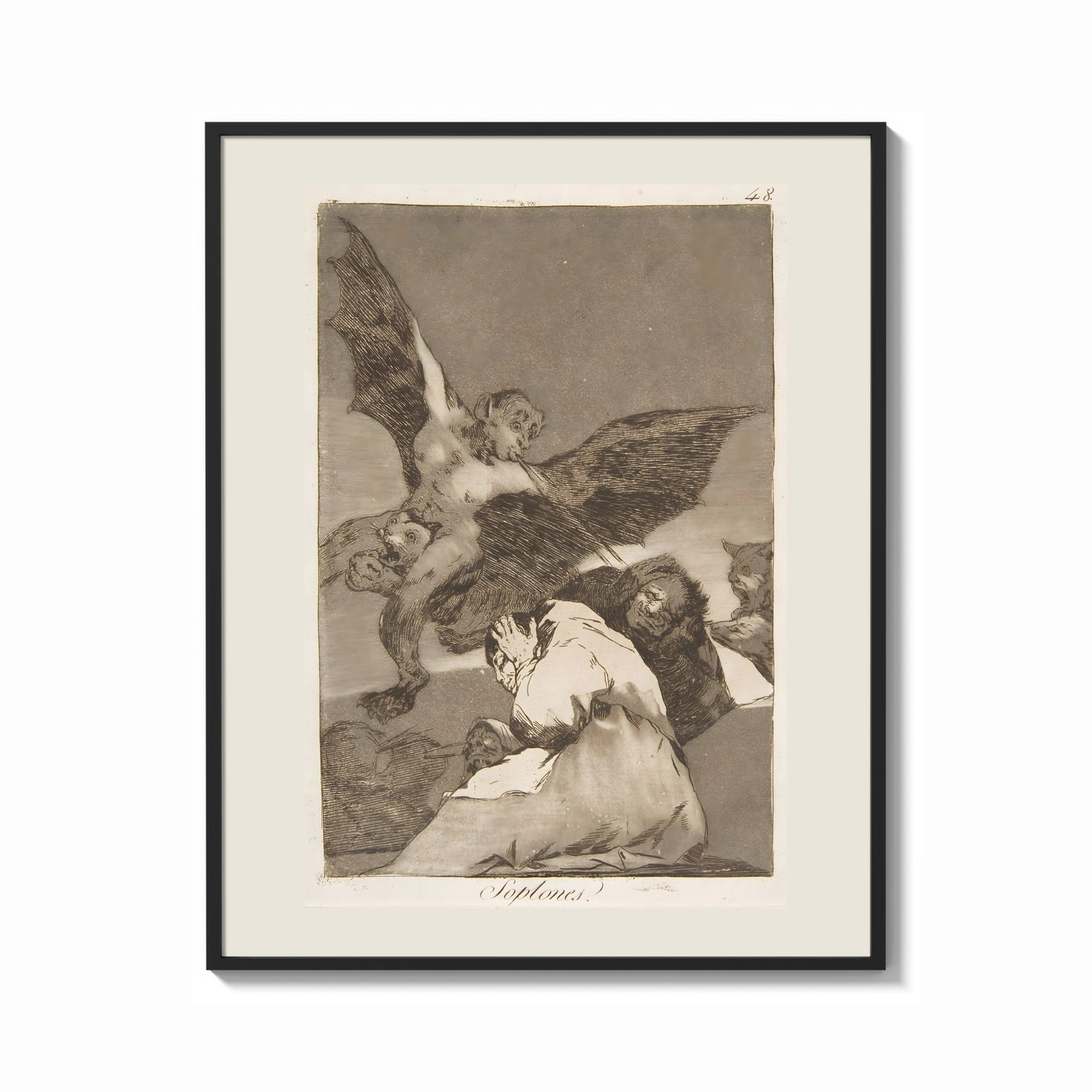 Framed Winged demon carrying frightened figure print shown as a bold statement piece on a clean gallery wall