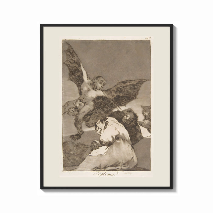 Framed Winged demon carrying frightened figure print shown as a bold statement piece on a clean gallery wall